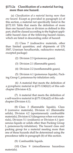 Precedence of hazard list ranking from 49 CFR 173.2a paragraph a