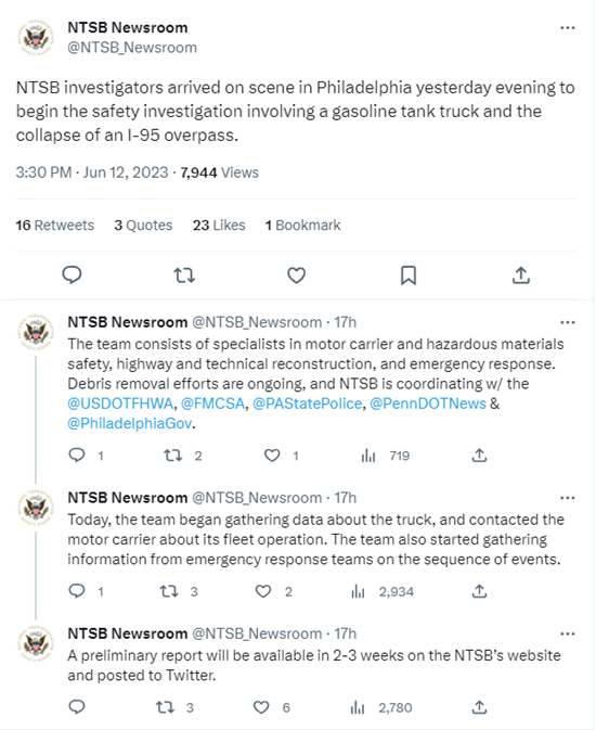 NTSB comment on philly gas tanker hazmat incident june 2023